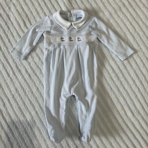 Edgehill Collection Baby Boy Blue Smocked Footed Romper Trains Collar 3 Months